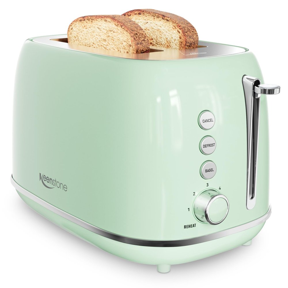 2 Slice Stainless Steel Toaster Retro with 6 Bread Shade Settings, Bagel, Cancel, Defrost Function, Extra Wide Slot, Removable Crumb Tray Green