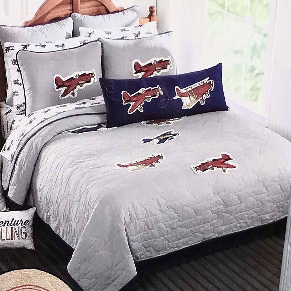 Bi-Planes Sky Hawk Skyhawk Airplanes 3PC Full Queen Quilt and Sham Set Appliqu Red Airplanes on Gray Background 