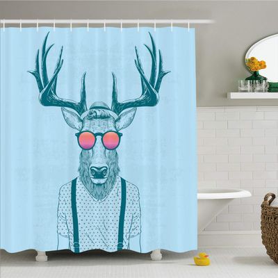 Ambesonne Antlers Shower Curtain, Illustration of Deer Dressed up Like Cool Hipster Fashion Creative Fun Animal, Cloth Fabric Bathroom Decor Set with Hooks, 69" W x 70" L, Coral Blue