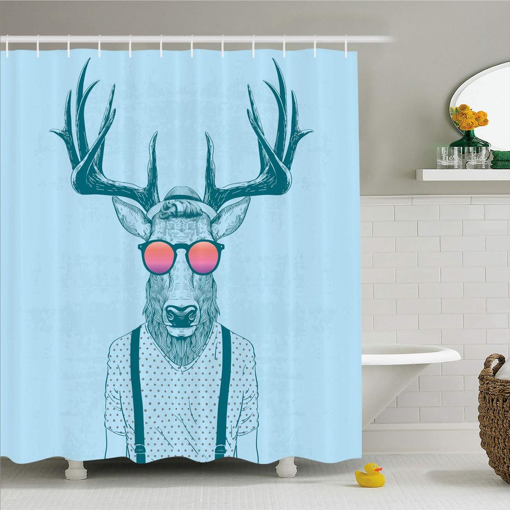 Ambesonne Antlers Shower Curtain, Illustration of Deer Dressed up Like Cool Hipster Fashion Creative Fun Animal, Cloth Fabric Bathroom Decor Set with Hooks, 69" W x 70" L, Coral Blue