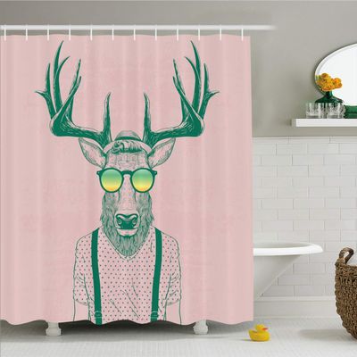 Ambesonne Antlers Shower Curtain, Illustration of Deer Dressed up Like Cool Hipster Fashion Creative Fun Animal, Cloth Fabric Bathroom Decor Set with Hooks, 69" W x 84" L, Pink Green