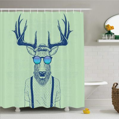 Ambesonne Antlers Shower Curtain, Illustration of Deer Dressed up Like Cool Hipster Fashion Creative Fun Animal, Cloth Fabric Bathroom Decor Set with Hooks, 69" W x 84" L, Green Blue