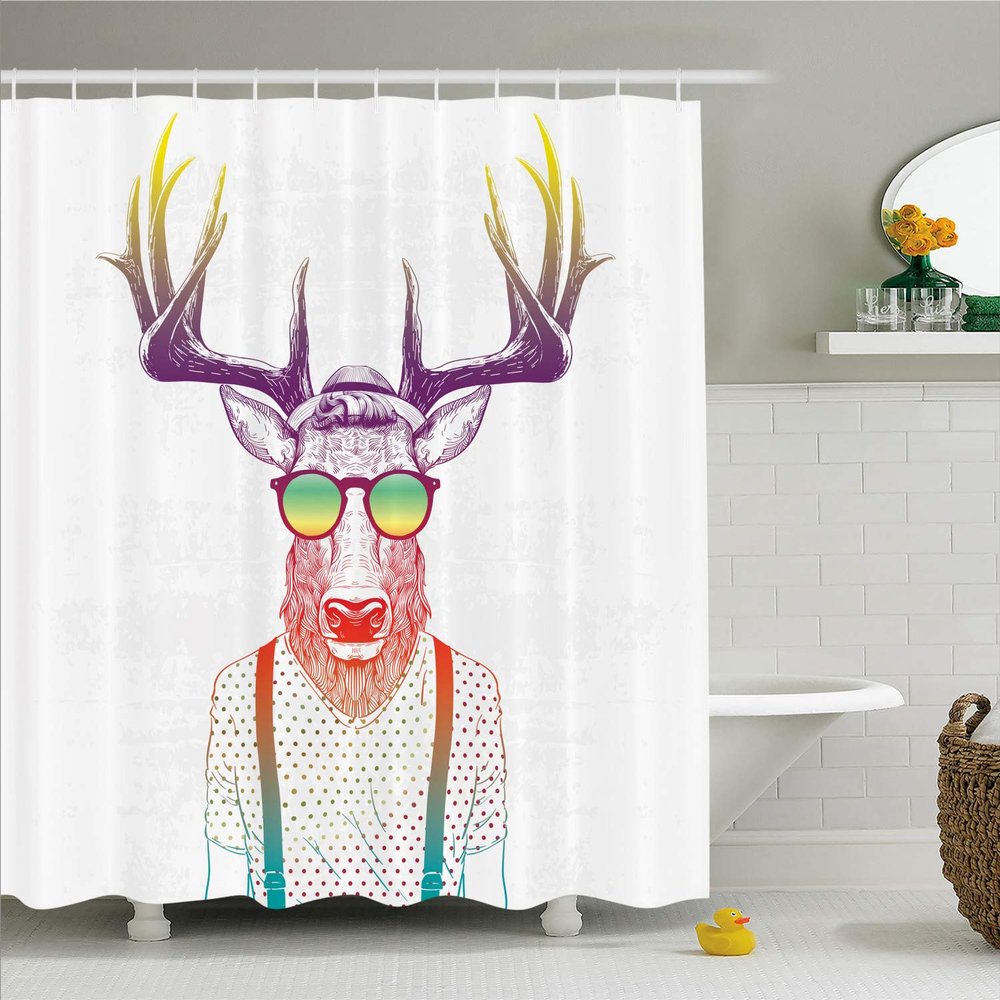Ambesonne Antlers Shower Curtain, Illustration of Deer Dressed up Like Cool Hipster Fashion Creative Fun Animal, Cloth Fabric Bathroom Decor Set with Hooks, 69" W x 84" L, Purple Orange