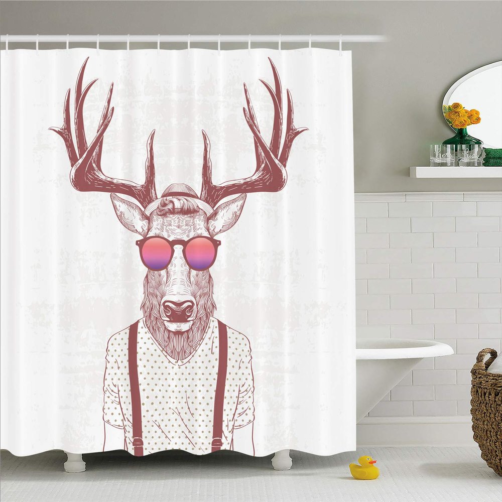Ambesonne Antlers Shower Curtain, Illustration of Deer Dressed up Like Cool Hipster Fashion Creative Fun Animal, Cloth Fabric Bathroom Decor Set with Hooks, 69" W x 70" L, Mauve Taupe