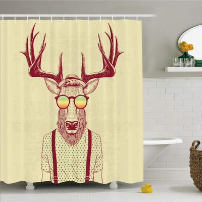Ambesonne Antlers Shower Curtain, Illustration of Deer Dressed up Like Cool Hipster Fashion Creative Fun Animal, Cloth Fabric Bathroom Decor Set with Hooks, 69" W x 84" L, Maroon Cream