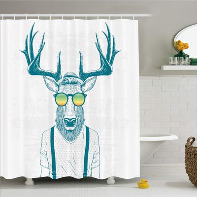 Ambesonne Antlers Shower Curtain, Illustration of Deer Dressed up Like Cool Hipster Fashion Creative Fun Animal, Cloth Fabric Bathroom Decor Set with Hooks, 69" W x 84" L, Turquoise White