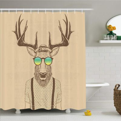 Ambesonne Antlers Shower Curtain, Illustration of Deer Dressed up Like Cool Hipster Fashion Creative Fun Animal, Cloth Fabric Bathroom Decor Set with Hooks, 69" W x 84" L, Soft Camel