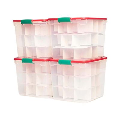 HOMZ 4-Pack Holiday Tote, Clear Plastic Storage Bins w/ Lids & Dividers, 31 Quart, Red - Stackable Organizing Containers for Home, Garage, and Office