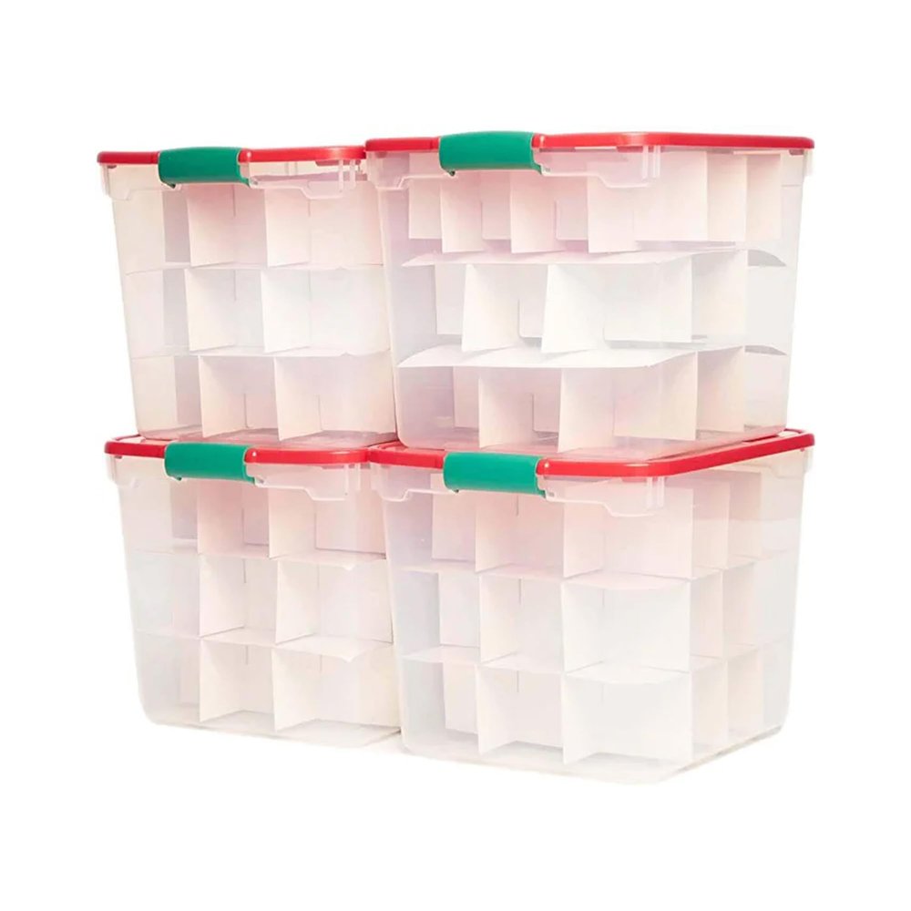 HOMZ 4-Pack Holiday Tote, Clear Plastic Storage Bins w/ Lids & Dividers, 31 Quart, Red - Stackable Organizing Containers for Home, Garage, and Office
