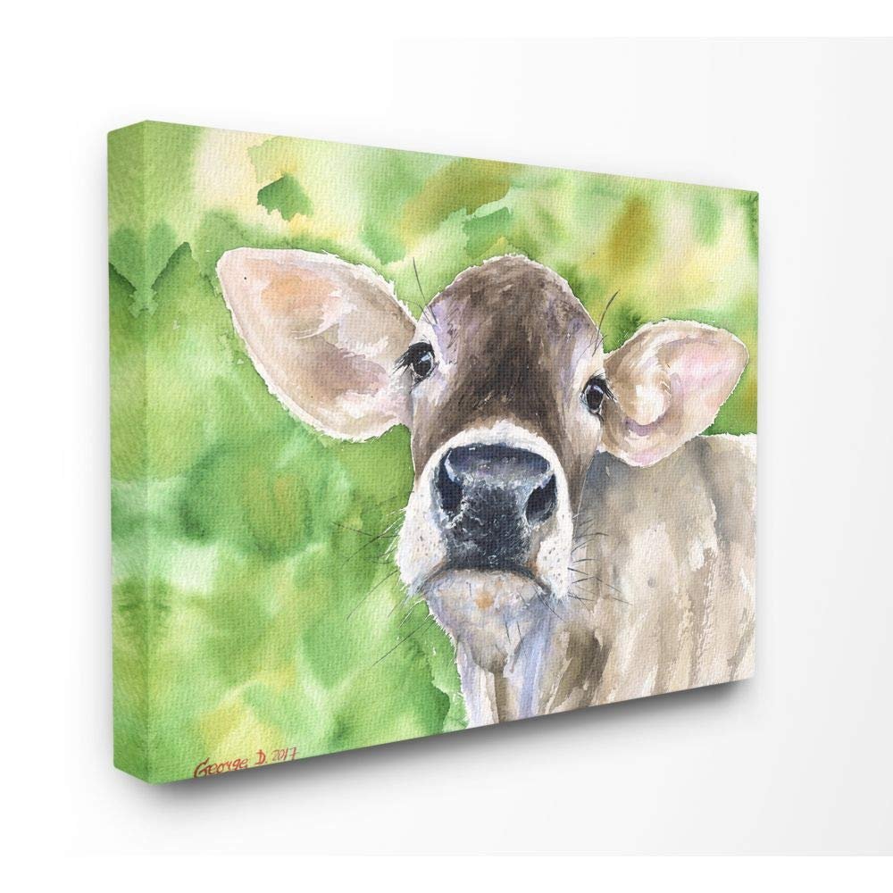 Stupell Industries Cute Baby Cow Animal Green Watercolor Painting
