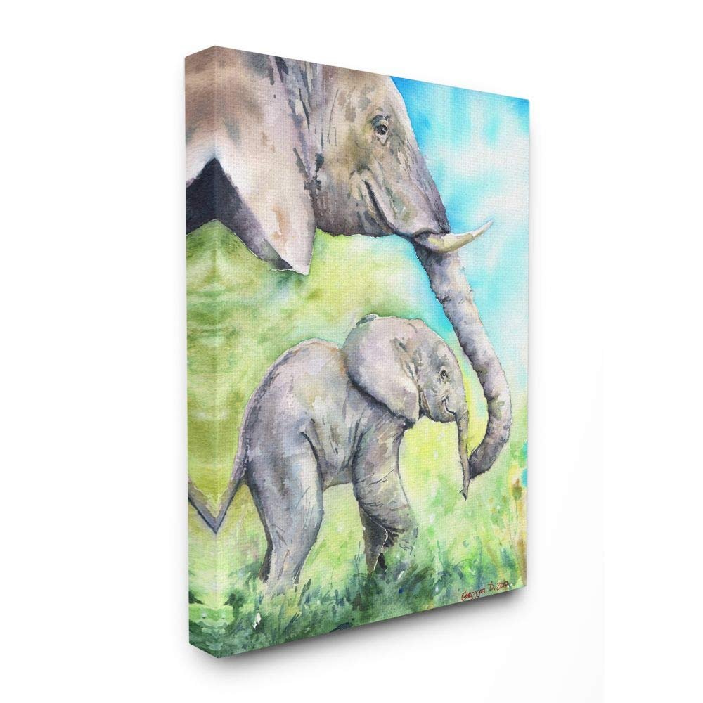 Stupell Industries Cute Baby Elephant Family Animal Blue Watercolor Painting