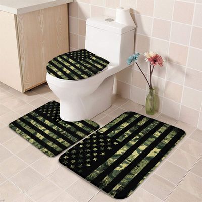Bathroom Mat Sets 3 Piece Set Rugs USA Flag Bath Rugs, Camouflage Themed Memory Foam Mat Set Matches Anti-Skid Absorbent Toilet Seat Cover Bath Mat Lid Cover 18"x30"+14"x18"+15"x18"