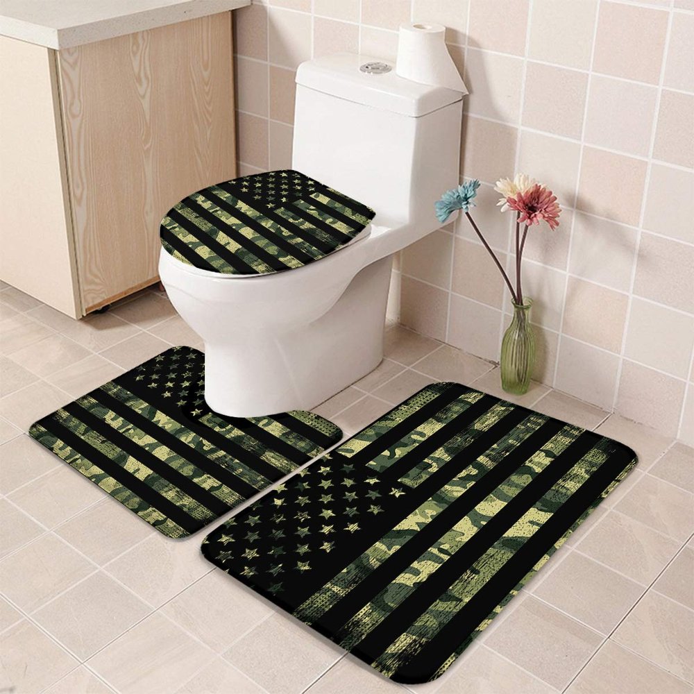 Bathroom Mat Sets 3 Piece Set Rugs USA Flag Bath Rugs, Camouflage Themed Memory Foam Mat Set Matches Anti-Skid Absorbent Toilet Seat Cover Bath Mat Lid Cover 18"x30"+14"x18"+15"x18"