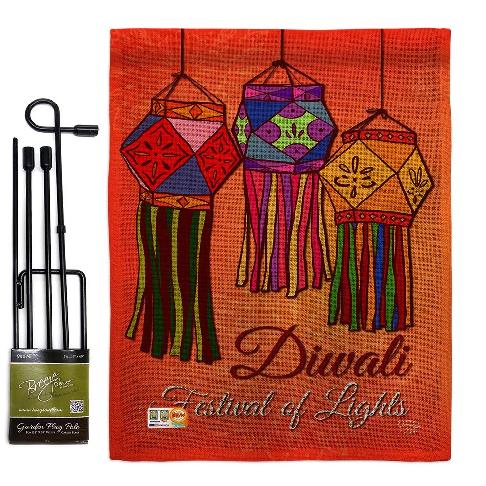 Festival Of Lights Burlap Garden Flag Set with Stand Celebration Diwali Deepavali Hindus Religious Small Decorative Gift Yard House Banner Double-Sided Made In USA 13 X 18.5