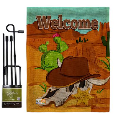 Welcome Longhorn Skull Burlap Garden Flag Set with Stand Country Living Southwest Desert Cactus Succulent Particular Area Small Decorative Gift Yard House Banner Double-Sided Made In USA 13 X 18.5