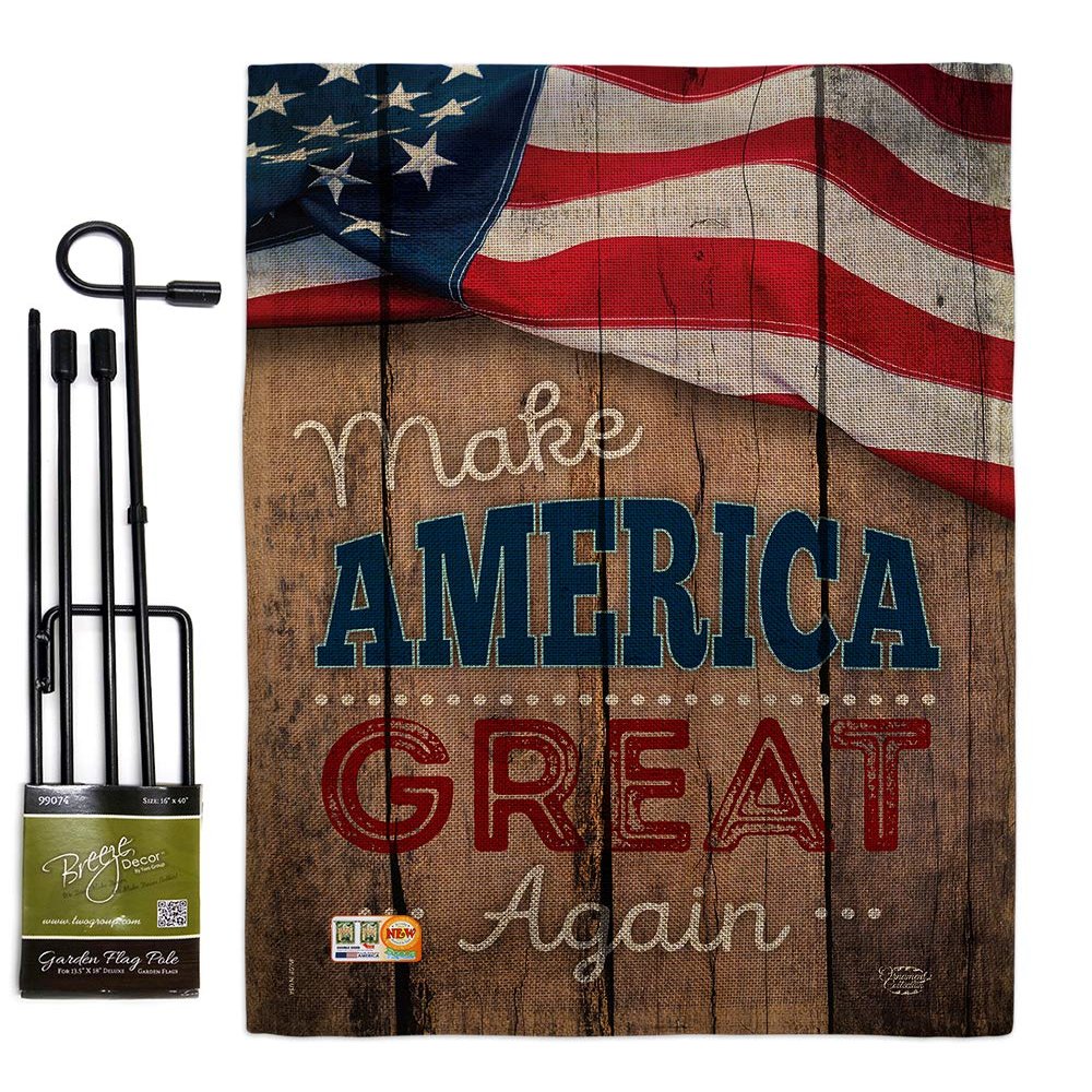 Proud to Make America Great Again Garden Flag Set with Stand Patriotic Patriotism Independence Memorial United State American Small Gift Yard House Banner Double-Sided Made In USA 13 X 18.5