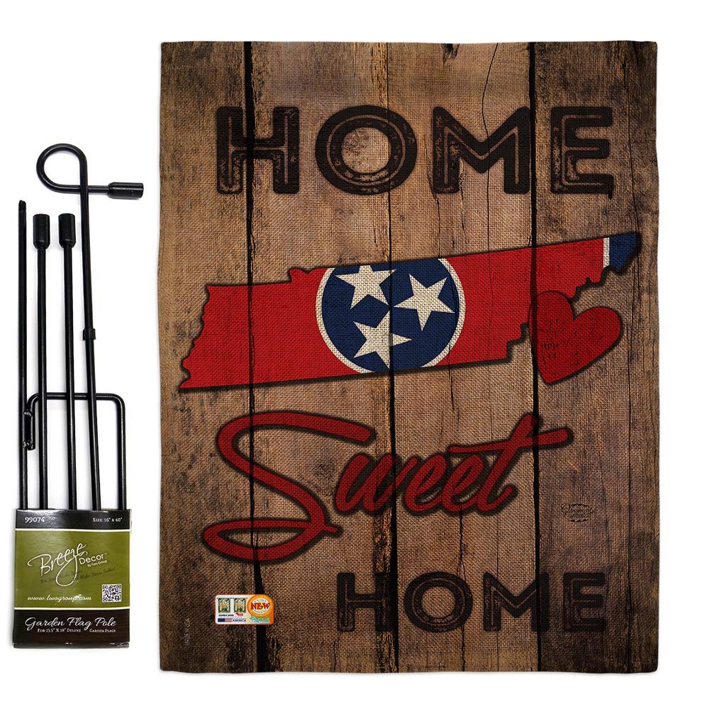 State Tennessee Home Sweet Garden Flag Set with Stand Regional USA American Territories Republic Country Particular Area Small Decorative Gift Yard House Banner Double-Sided Made In 13 X 18.5