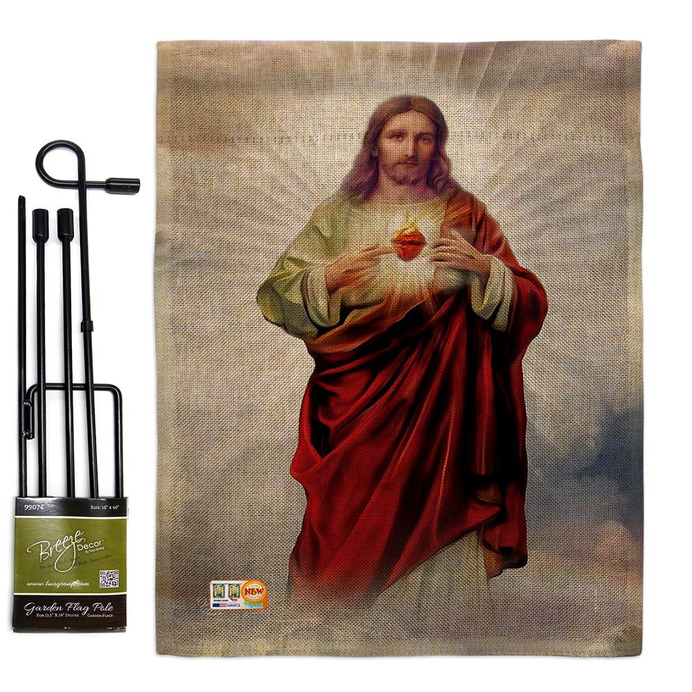 Sacred Heart of Jesus Burlap Garden Flag Set with Stand Religious Faith Hope Grace Peace Dove Christian Religion Easter Small Decorative Gift Yard House Banner Double-Sided Made In USA 13 X 18.5
