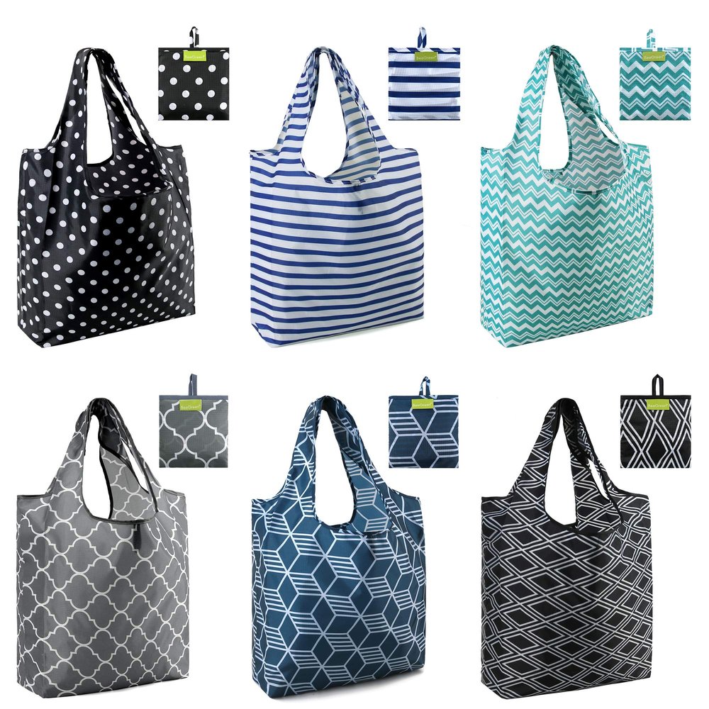 BeeGreen Grocery Bags | Reusable Gift Bags, Large Tote for Women & Foldable Beach Bag - 6 Pack Reusable Bag With Handles | Collapsible Cute Cloth Storage for Market, Holiday & Shopping | Washable