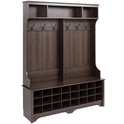 Prepac Brown Hall Tree, Shoe Cabinet, Storage Cabinet with 24 Shoe Cubbies and 6 Double Coat Hooks 15.5" D x 60" W x 77" H
