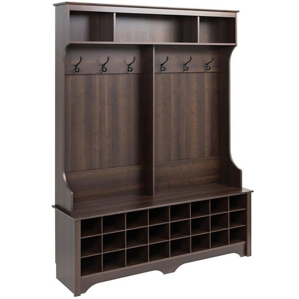 Prepac Brown Hall Tree, Shoe Cabinet, Storage Cabinet with 24 Shoe Cubbies and 6 Double Coat Hooks 15.5" D x 60" W x 77" H