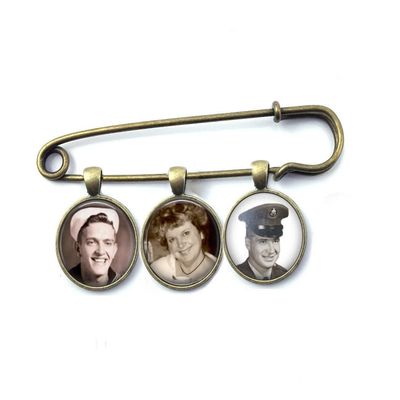 1, 2 or 3 Custom Photo Groom Wedding Memorial Lapel Boutonniere Pin in Silver or Bronze Finish (3 Photo Bronze Pin)