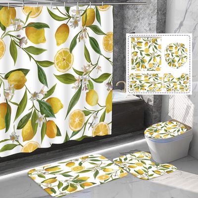 Amagical 4 Pieces Lemon Fruit Citrus Flowers Leaves Pattern Shower Curtain Set Bathroom Mat Set, Bath Mat Contour Mat Toilet Cover Shower Curtain and 12 Hooks