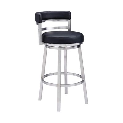 Armen Living Madrid 30" Seat Height Swivel Modern Black Faux Leather and Brushed Stainless Steel Bar Stool for Kitchen Island Counter