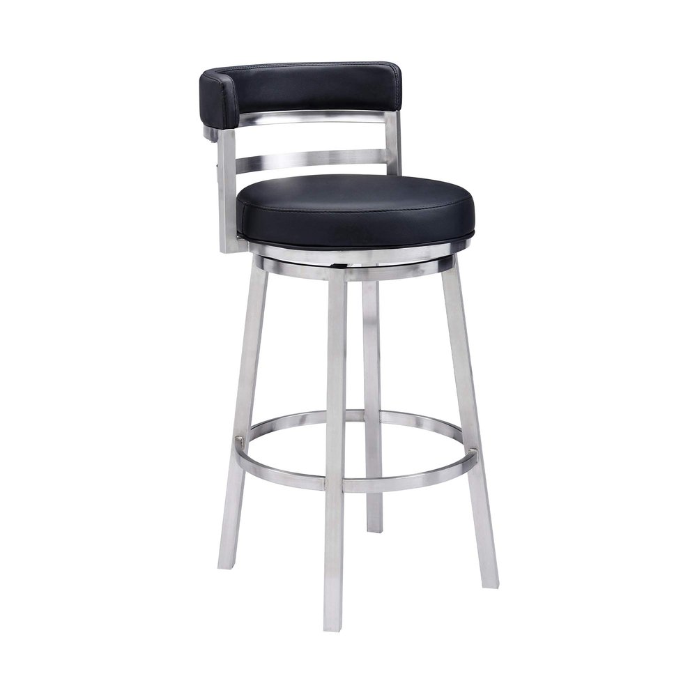Armen Living Madrid 30" Seat Height Swivel Modern Black Faux Leather and Brushed Stainless Steel Bar Stool for Kitchen Island Counter