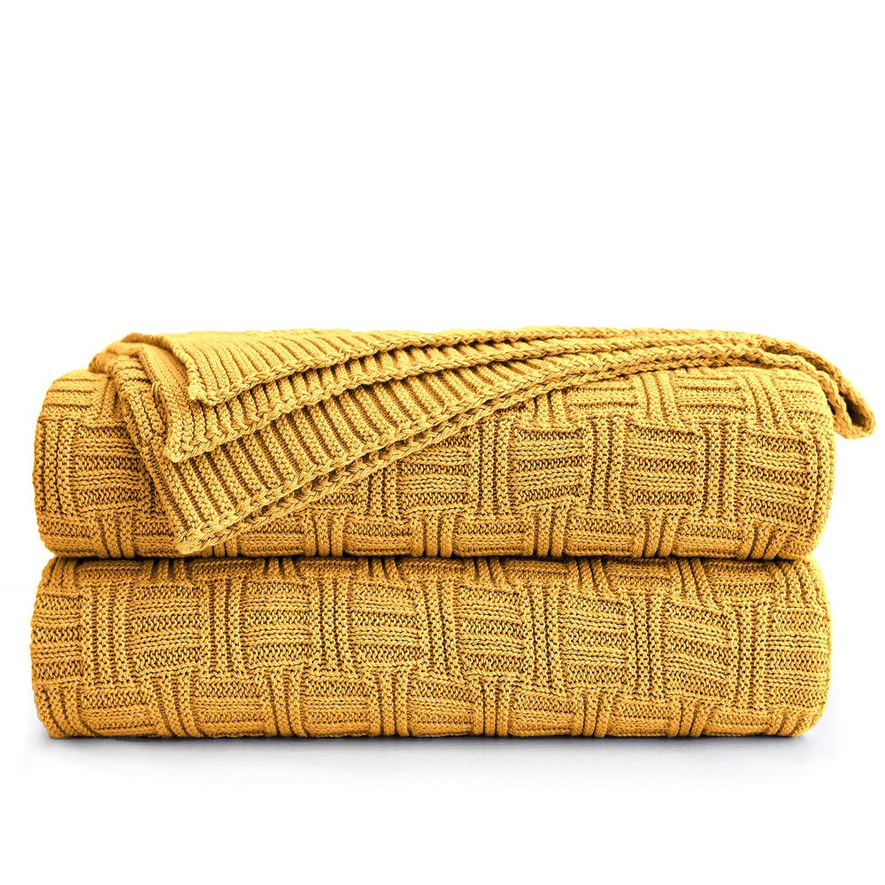 100% Cotton Navy Blue Cable Knit Throw Blanket with Bonus Laundering Bag - Large Thick, 2.5 Pounds,Extra Cozy, Machine Washable, Comfortable Home Decor (Mustard Yellow Stripe Pattern, 60"x80")