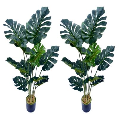 AMERIQUE Pair Gorgeous 4 Feet Tropical Monstera Palm Artificial Plant Tree with Nursery Pot, Real Touch Technology, with UV Protection, Green, 2
