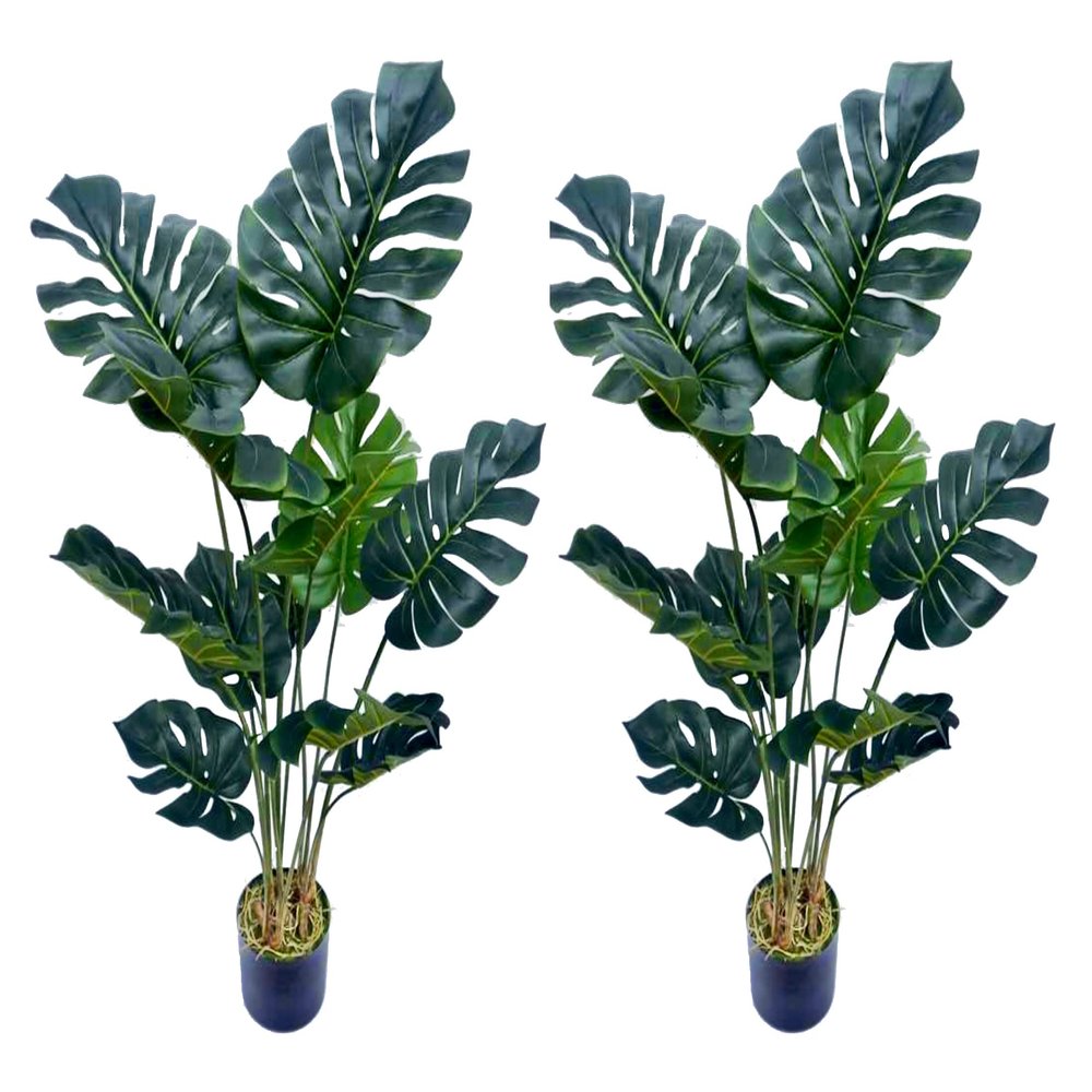 AMERIQUE Pair Gorgeous 4 Feet Tropical Monstera Palm Artificial Plant Tree with Nursery Pot, Real Touch Technology, with UV Protection, Green, 2