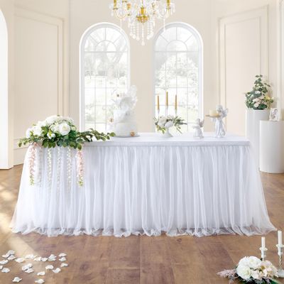 108in White Tulle Table Skirts for Rectangle Tables 8/6/4ft, 2-Layer Gold Grim Ruffle Tulle Tutu Cloth Table Skirt 9ft Long for Wedding Birthday Party Baby Shower Cake Dessert Tables(No Table Cover)
