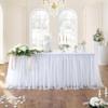 108in White Tulle Table Skirts for Rectangle Tables 8/6/4ft, 2-Layer Gold Grim Ruffle Tulle Tutu Cloth Table Skirt 9ft Long for Wedding Birthday Party Baby Shower Cake Dessert Tables(No Table Cover) view 1