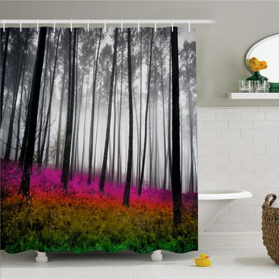 Ambesonne Forest Shower Curtain, Mystical Fantasy Woodland Under Heavy Fog Tall Trees Bushes Contrast Colors, Cloth Fabric Bathroom Decor Set with Hooks, 69" W x 75" L, Vermilion Green