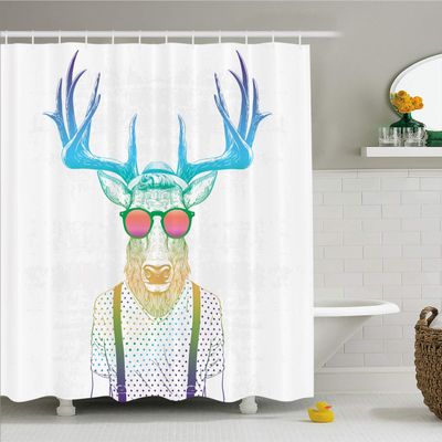 Ambesonne Antlers Shower Curtain, Illustration of Deer Dressed up Like Cool Hipster Fashion Creative Fun Animal, Cloth Fabric Bathroom Decor Set with Hooks, 69" W x 84" L, Blue White