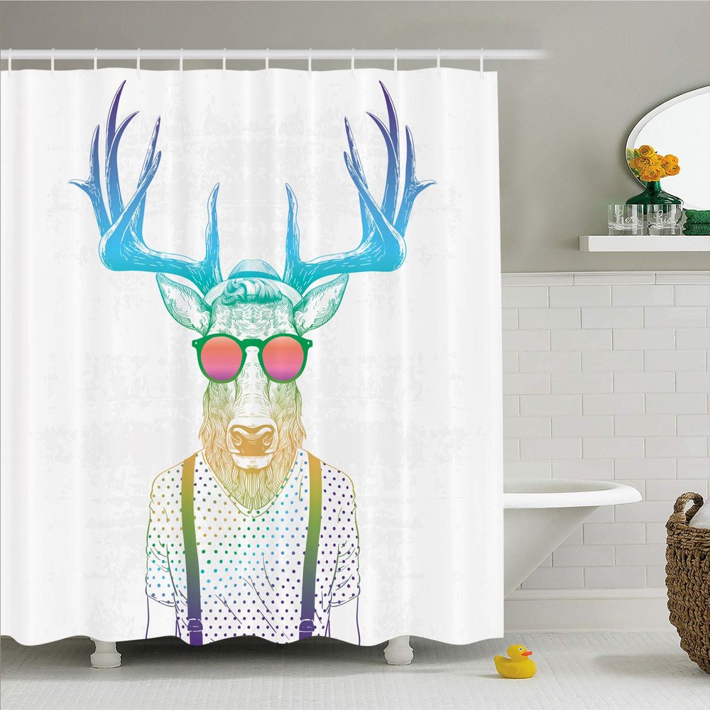 Ambesonne Antlers Shower Curtain, Illustration of Deer Dressed up Like Cool Hipster Fashion Creative Fun Animal, Cloth Fabric Bathroom Decor Set with Hooks, 69" W x 84" L, Blue White