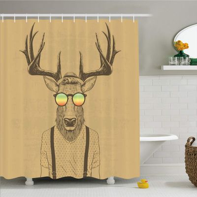 Ambesonne Antlers Shower Curtain, Illustration of Deer Dressed up Like Cool Hipster Fashion Creative Fun Animal, Cloth Fabric Bathroom Decor Set with Hooks, 69" W x 84" L, Taupe Beige