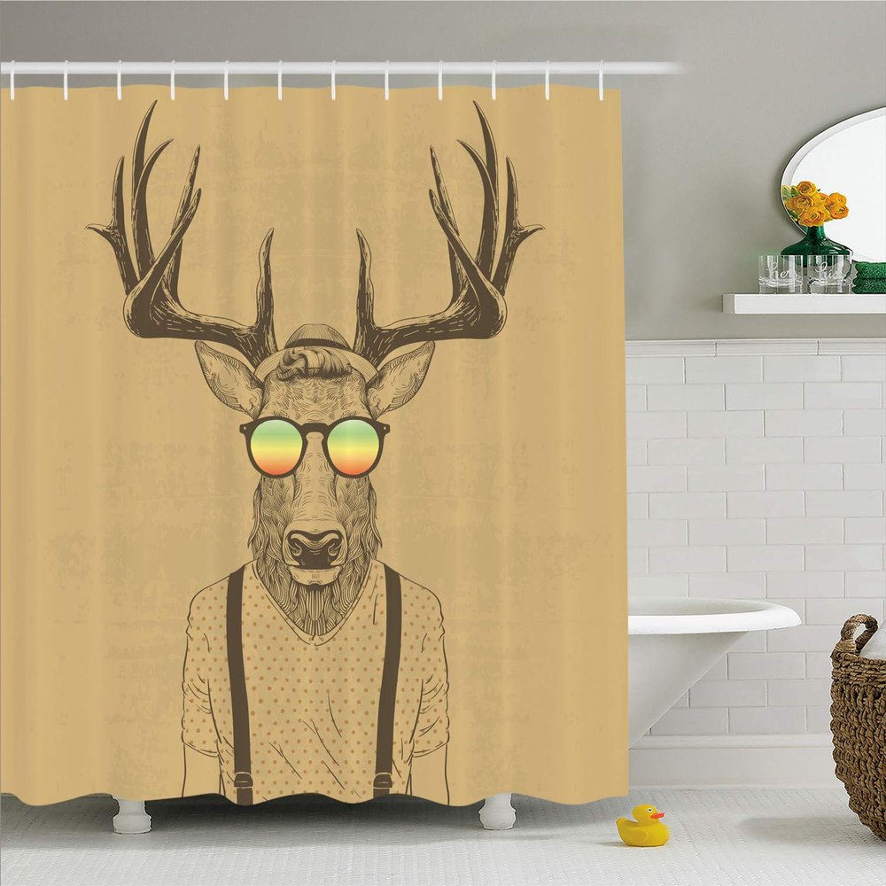 Ambesonne Antlers Shower Curtain, Illustration of Deer Dressed up Like Cool Hipster Fashion Creative Fun Animal, Cloth Fabric Bathroom Decor Set with Hooks, 69" W x 84" L, Taupe Beige