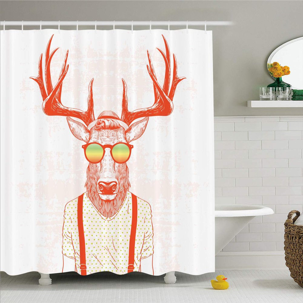 Ambesonne Antlers Shower Curtain, Illustration of Deer Dressed up Like Cool Hipster Fashion Creative Fun Animal, Cloth Fabric Bathroom Decor Set with Hooks, 69" W x 84" L, Orange White