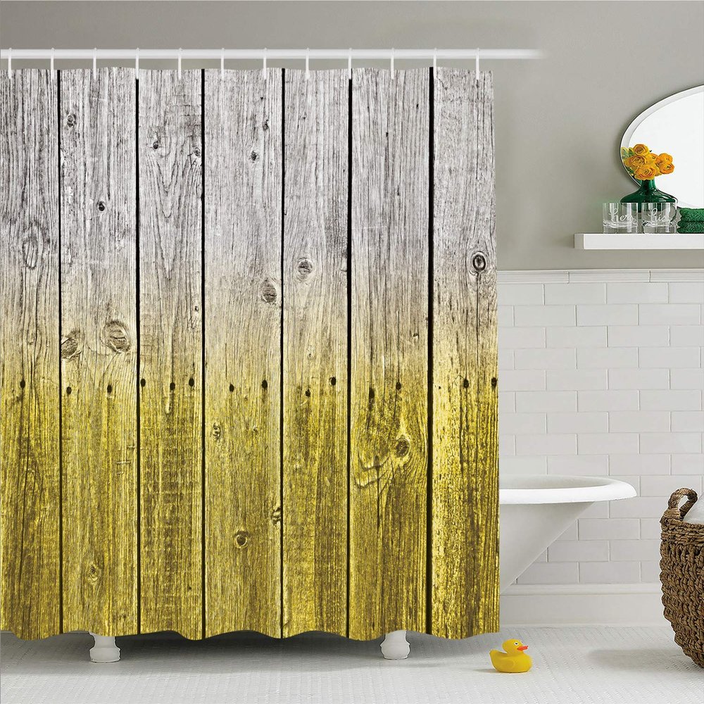 Ambesonne Rustic Shower Curtain, Wood Panels Background with Digital Tones Effect Country House Image, Cloth Fabric Bathroom Decor Set with Hooks, 69" W x 75" L, Pineapple Grey