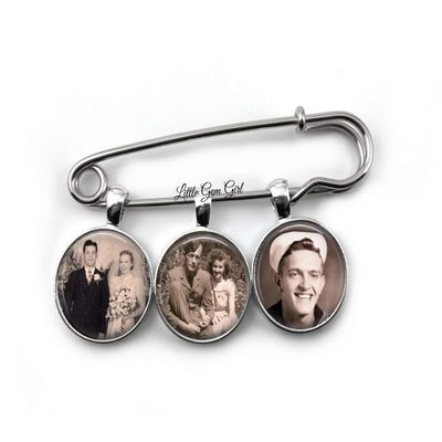 Custom Photo Lapel Pin  Personalized Picture Charm with 1, 2, or 3 Photos  Wedding, Graduation, or Memorial Keepsake  Silver or Antique Bronze (3 Photo Silver Pin)