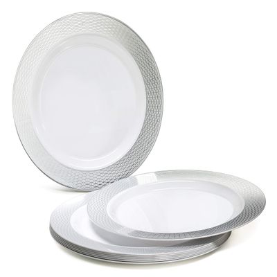 " OCCASIONS " 60 Plates Pack, Heavyweight Disposable Wedding Party Plastic Plates (6.25'' Dessert/Bread Plate, Diamond White & Silver)