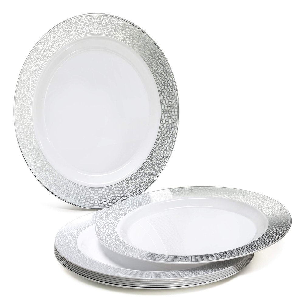 " OCCASIONS " 60 Plates Pack, Heavyweight Disposable Wedding Party Plastic Plates (6.25'' Dessert/Bread Plate, Diamond White & Silver)