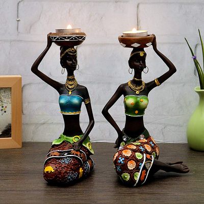 2 Pack African Women Sculpture,8.5in Black Tribal Lady Figure Figurine Candle Holder African American Women Statue Collectible Art Crafts Home Centerpieces Tabletop Ornaments Decoration Candleholder