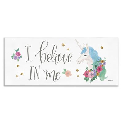 The Kids Room by Stupell I Believe Word Kids Nursery Unicorn Blue Watercolor Design Canvas Wall Art, 13 x 30, Multi-Color