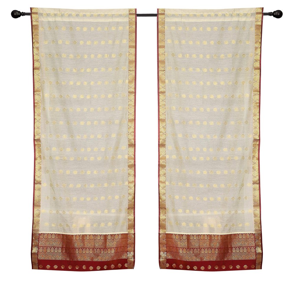 2 Cream Bohemian Indian Sari Curtains Rod Pocket Living Room -60W x 96L