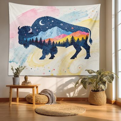 Batmerry Buffalo Color Tattoo Art Tapestry, Tribal Native American Tribal Camp Design Print Picnic Mat Hippie Trippy Tapestry Wall Art Decor for Bedroom Living Room, 51.2 x 59.1 Inches, Black White