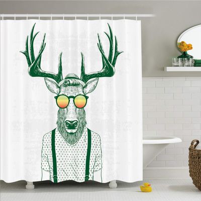 Ambesonne Antlers Shower Curtain, Illustration of Deer Dressed up Like Cool Hipster Fashion Creative Fun Animal, Cloth Fabric Bathroom Decor Set with Hooks, 69" W x 84" L, Emerald White