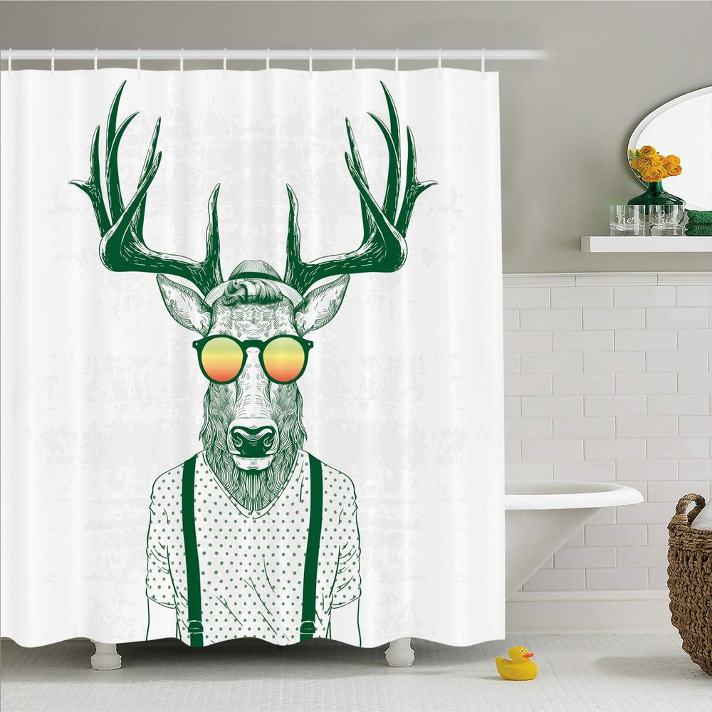 Ambesonne Antlers Shower Curtain, Illustration of Deer Dressed up Like Cool Hipster Fashion Creative Fun Animal, Cloth Fabric Bathroom Decor Set with Hooks, 69" W x 84" L, Emerald White